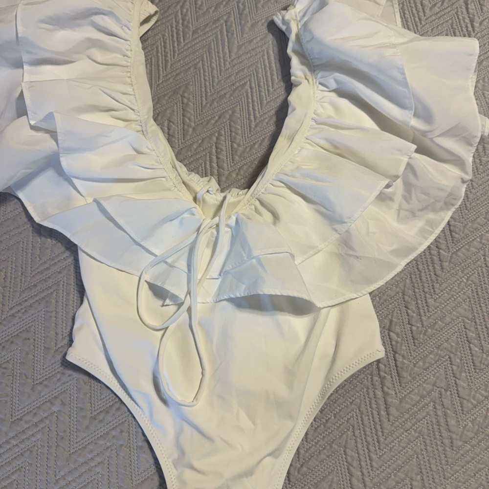Zara White Bodysuit /Swimsuit with Ruffle Accents
